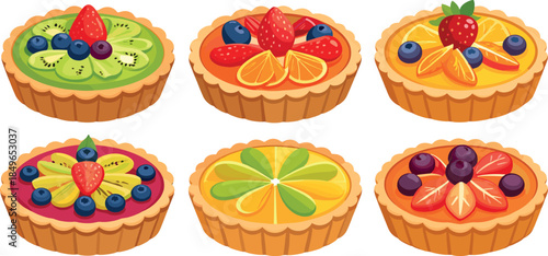 Colorful Fruit Tarts Collection with Kiwi, Citrus and Berry Dessert Illustration