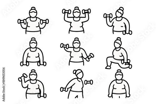 Set of icons depicting a woman exercising with dumbbells