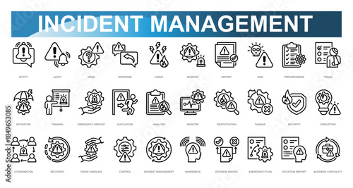 Incident Management Icon set. Vector illustration. Notify, Alert, Issue, Response, Crisis, Incident, Report, Risk, Preparedness, Triage. Vector illustration