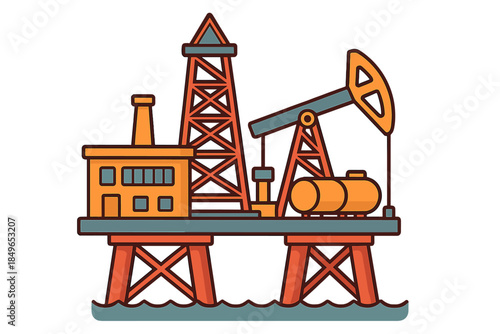 Offshore oil rig and pumpjack illustration