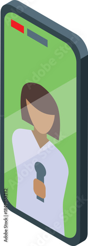 Tv reporter holding microphone presenting breaking news on smartphone screen with green chroma key background