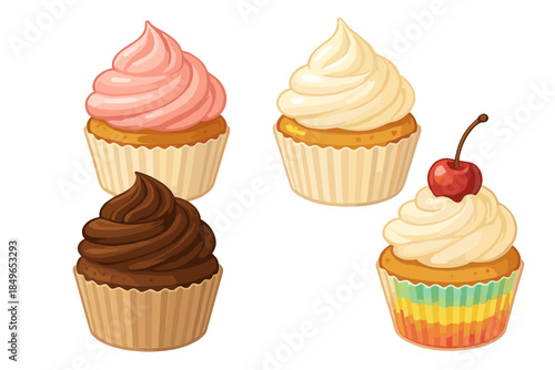 Four Delicious Cupcakes with Swirled Frosting