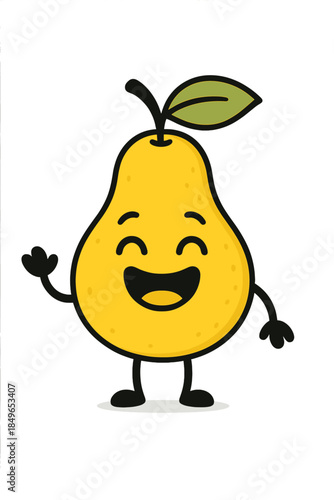 Cute cartoon pear character waving and smiling