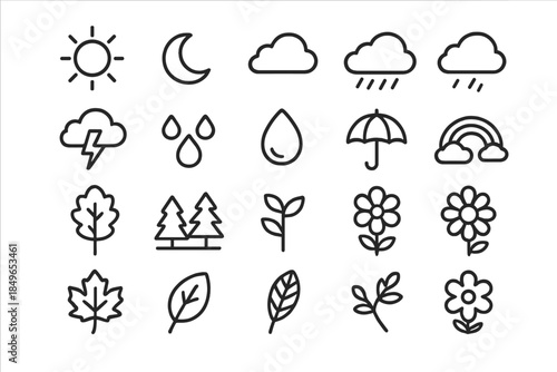 Collection of weather and nature line icons on a dark background