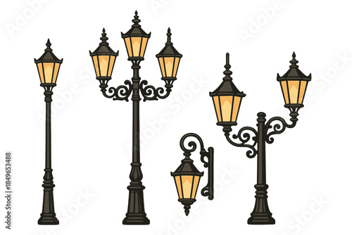 Vintage streetlights with glowing lights on a dark yellow background