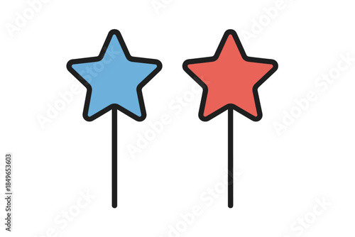 Two stars on sticks, one blue, one red, on dark background