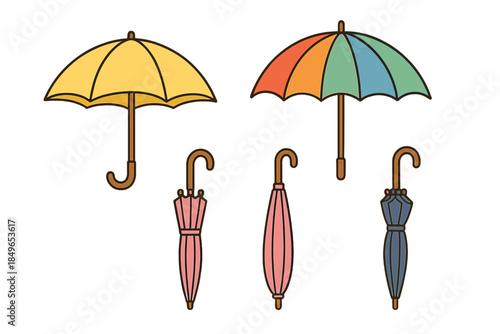 Colorful umbrellas and closed umbrellas on a gradient background