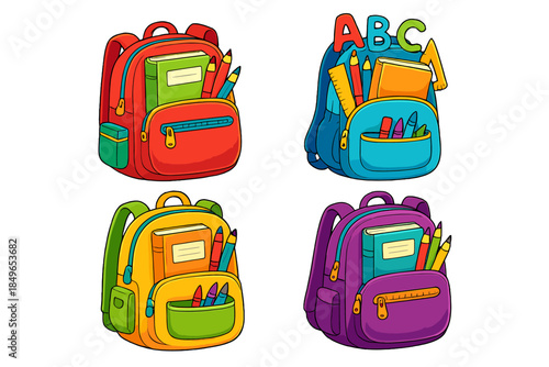 Four cartoon backpacks filled with school supplies