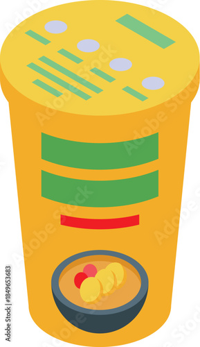Oatmeal porridge with sliced banana and berries contained in a plastic bucket, promoting a healthy and convenient breakfast option