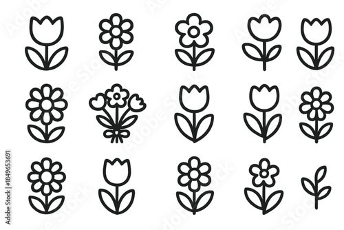 Set of stylized flower icons on a dark gradient background
