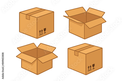 Four cartoon cardboard boxes with glowing effect
