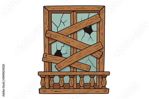 Broken Window Barricaded with Wooden Planks