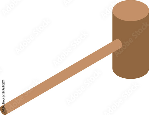 Simple design of a wooden hammer with long handle, isolated on white background, in isometric view