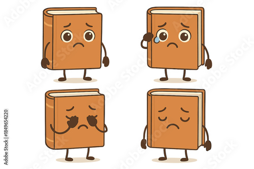 Four Sad Cartoon Books with Different Expressions