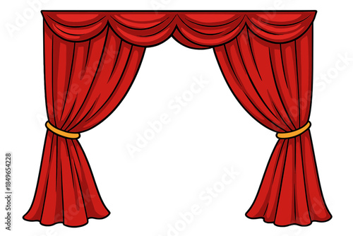 Red theater curtains opening to a dark stage