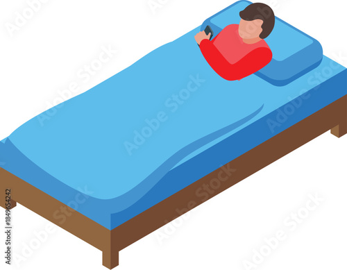 Young man using smartphone while lying in bed, enjoying his leisure time at home
