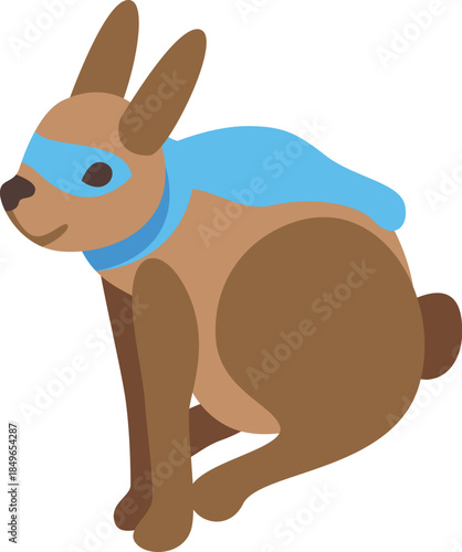 Cartoon illustration of a brown rabbit wearing a superhero mask and cape, sitting and waiting for action