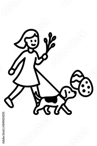 Girl walking dog and holding Easter eggs