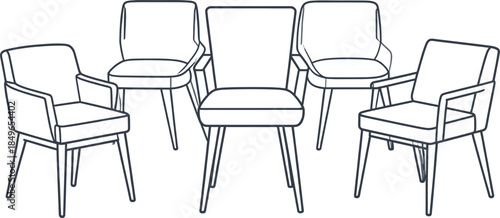 Modern Armchairs Line Art Set for Interior Furniture Outline Illustration