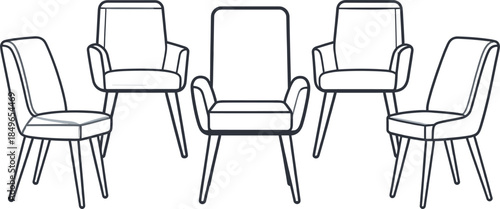 Modern Armchairs Outline Set with Wooden Legs Line Art Illustration for Interior Furniture Design