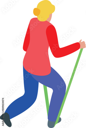 Woman practicing nordic walking with elastic band, improving fitness and enjoying outdoor exercise