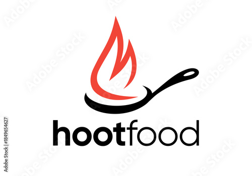 pan with hot fire logo. kitchen tools, cooking, restaurant, food symbol design vector concept