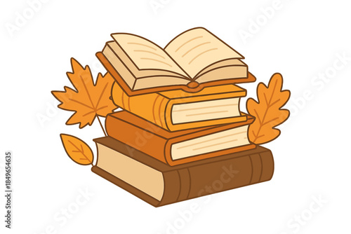 Stack of open and closed books with autumn leaves