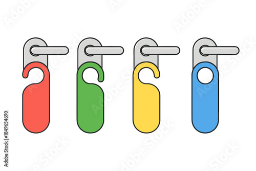 Four colorful door hangers on a gray background