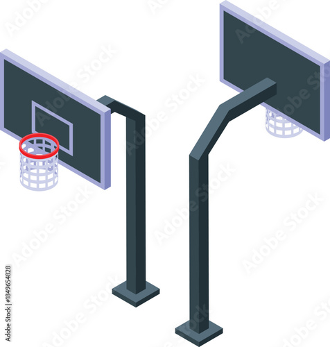 Isometric view of two basketball hoops, highlighting different stand designs suitable for street or gym use