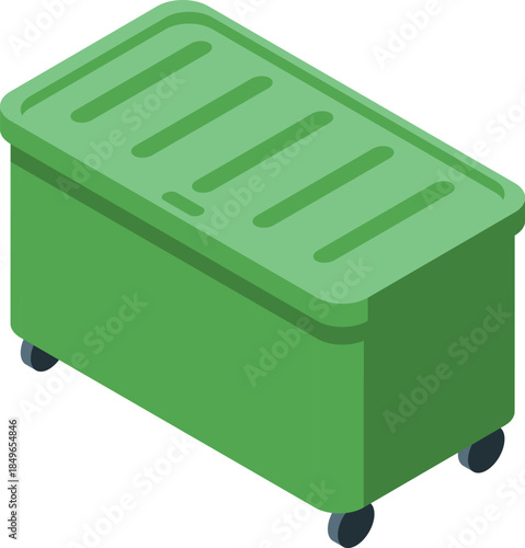 Isometric view of a large green wheeled waste container for separate collection and recycling of household or industrial waste