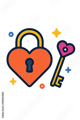 Heart-shaped lock and key with glowing stars