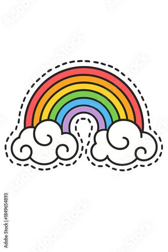 Cartoon Rainbow with Clouds and Stitched Border