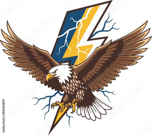 Striking vector logo of a brown eagle swooping down in front of a large yellow lightning bolt, combining natural strength with electric energy. Perfect for energy companies, extreme sports, gaming