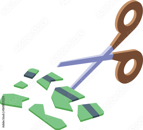 Scissors cutting banknotes representing economic crisis, financial difficulties, bankruptcy, and budget cuts