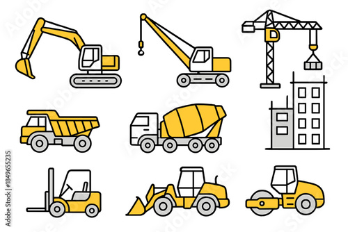 Construction Vehicles and Building Icons Set