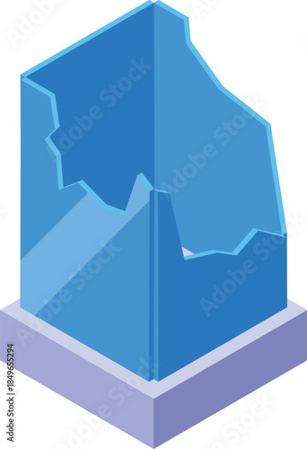 Broken glass panel standing on a base, showcasing cracks and shattered edges, presented in an isometric perspective