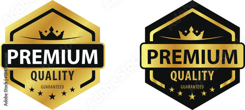 Premium quality golden hexagon vector. Gold label with star and crown isolated on white background. Suitable for icons, logos, labels, emblems, seals, tags, signs, symbols, badges, stamps, stickers, e