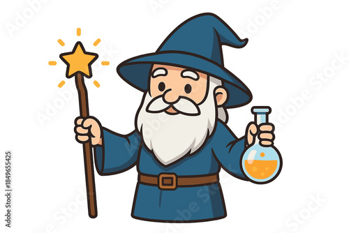 Cartoon Wizard Holding Wand and Potion