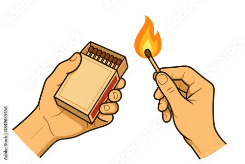 Two hands holding a matchbox and a lit match