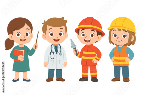 Children dressed as different professions, teacher, doctor, firefighter, construction worker