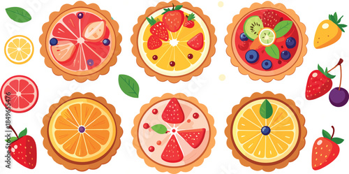 Top View Assorted Fruit Tarts Set with Berries and Citrus Desserts Illustration