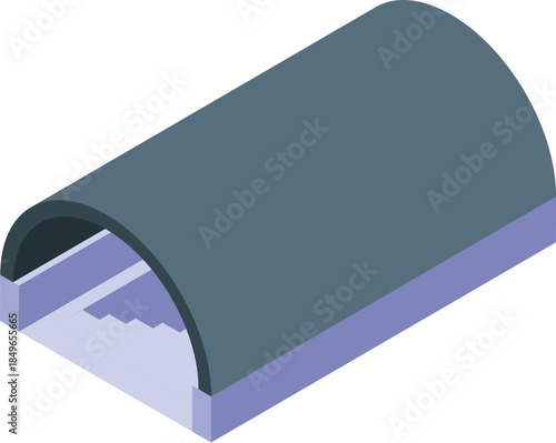 Isometric view of an underground parking entrance, featuring a descending staircase and a curved ceiling