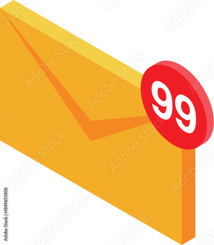 Isometric icon representing a closed yellow envelope with a red circle showing 99 unread messages