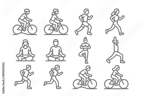 Outline icons of people doing various sports and yoga