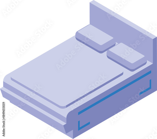 Isometric projection of a comfortable double bed featuring two pillows and a light purple color scheme, perfect for a restful night's sleep