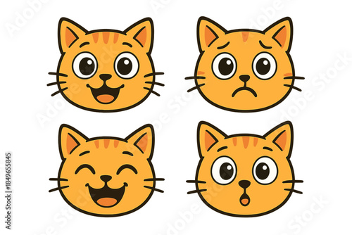 Four cartoon orange cat faces with different emotions