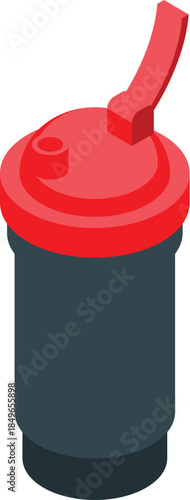 Protein shaker bottle isometric icon featuring a red lid, drinking spout, and dark grey body, perfect for fitness and nutrition visuals