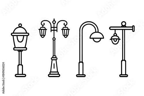 Collection of Four Line Art Street Lamps