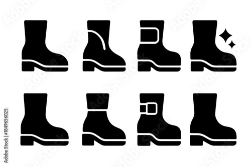 LED Footwear Icon Set. LED tech footwear. Filled icon set of LED tech footwear: boot silhouette, LED line,