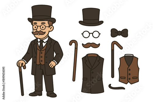 Cartoon Gentleman with Victorian Era Clothing and Accessories